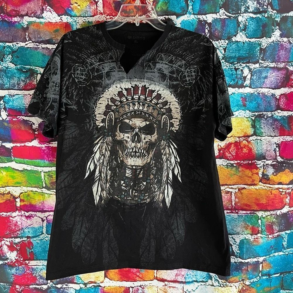 Buffalo Outdoors Skeleton Skull Native American Headdress Double Sided Graphic T